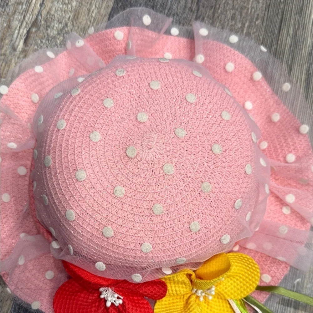 Pink Polka Dot Sun Hat with Floral Accents for kids